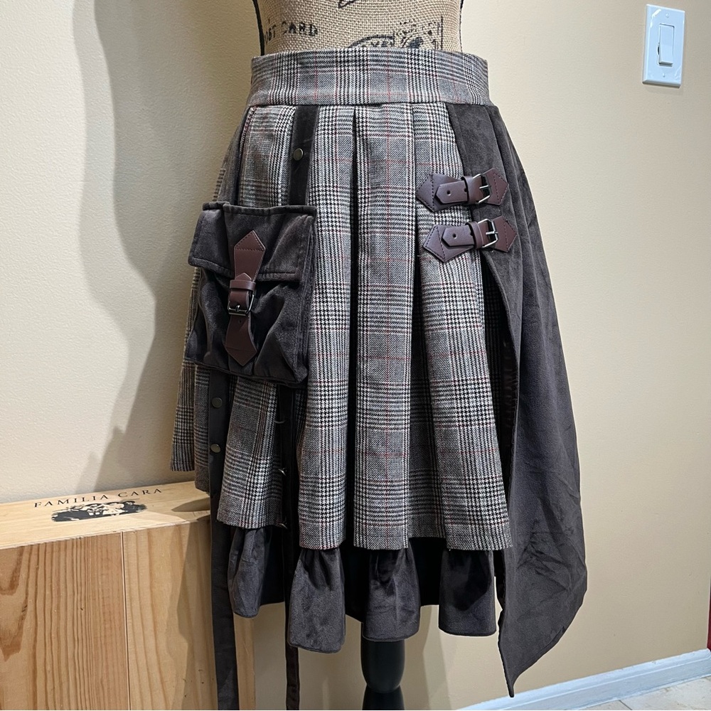 Brown Plaid Steampunk Buckle Asymmetric Utility Skirt